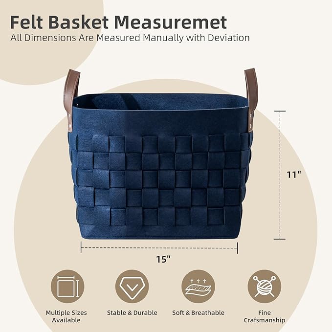 boldmonkey Blankets Baskets 15 " x13 x11 2 Pack, Large Rectangular Toys Baskets with Leather Handle, Soft Baby Nursery Basket for Storage-Navy Blue