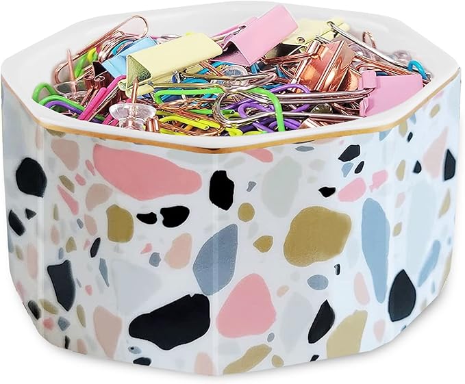LEAZUL Ceramic Paper Clip Holder Gold Line Paper Clip Dispenser Organizer for Desk Cute Terrazzo Marble Pattern Office Binder Clip Holder Bobby Pin and Hair Clip Holder Gift for Office Pink