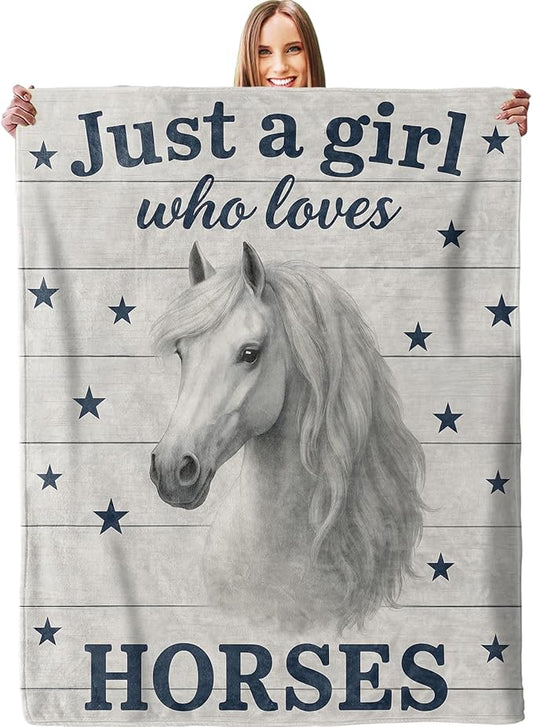 Cute Horse Blanket, Soft Lightweight Warm Cozy Flannel 60×50 inch Just a Girl Who Loves Horses Throw Blanket for Couch, Travel, Bed, Outdoor, Gifts for Women Men Adults Kids Horse Lovers Home Decor