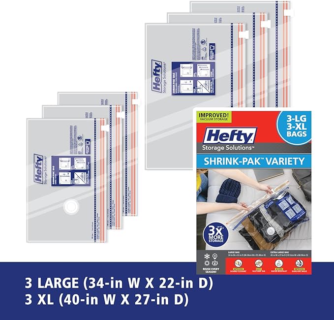 Hefty Shrink-Pak Vacuum Storage Bags - Space Saver for Under Bed Storage, Clothing and Comforters, Odor Resistant, 3X More Storage Space - 3 Large, 3 XL Bags