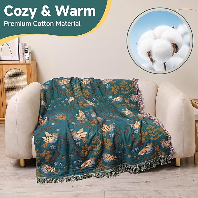 Boho Throw Blanket for Couch 100% Cotton Organic Ultra Soft Breathable Rustic Quilt 50" x 60" Birds and Floral Throw for Sofa Chair Bed Couch Chair