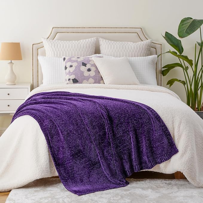 BATTILO HOME Chenille Knitted Throw Blanket for Couch, Decorative Cozy Dark Purple Throw Blanket for Bed Sofa Outdoor, Super Soft Purple Blankets Chenille Blankets for Home Decor, 51"x67"