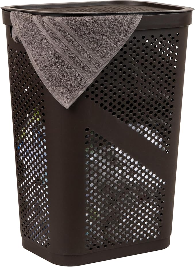 Mind Reader Slim Laundry Hamper with Lid, 60L Clothes Basket, Ventilated Plastic, Brown