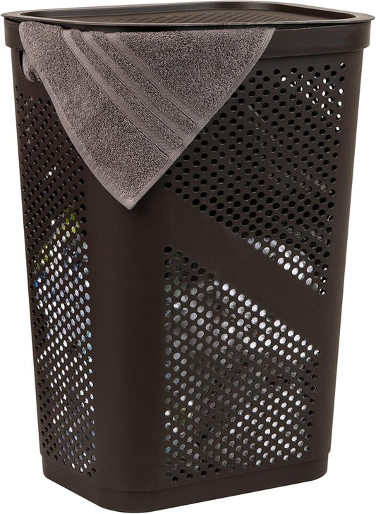 Mind Reader Slim Laundry Hamper with Lid, 60L Clothes Basket, Ventilated Plastic, Brown