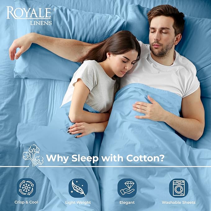 Royale Linens 100% Organic Cotton California King Flat Sheet Only - Super Soft - Percale Top Sheets - King Cal Flat Sheet Sold Separately - Cool & Crisp Lake Blue Sheets Only (108" x 102", Lake Blue)