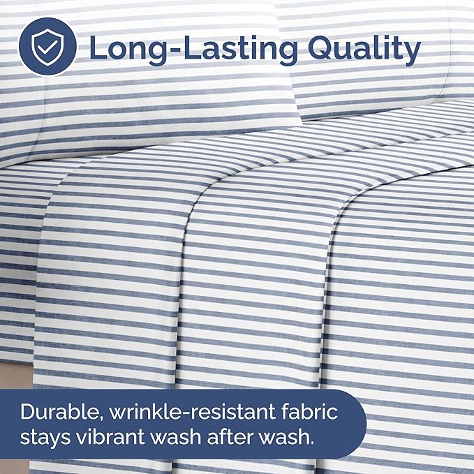 Queen Size Flat Sheet - Hotel Quality Top Flat Bed Sheet Only - Ultra-Soft, Comfy, Breathable & Cooling - Fade & Wrinkle Free - Easy-Care, Stain & Shrink Resistant Bedding - Oeko-Tex - Blue Stripes