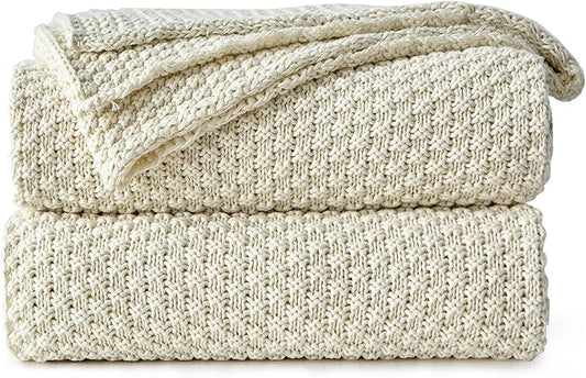 Longhui bedding Cream Knitted Throw Blanket for Couch, Soft, Cozy Machine Washable 100% Cotton Sofa Knit Blankets, Heavy 3.0lb Weight, 51 x 63 Inches, Beige Color