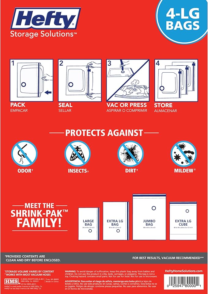 Hefty Shrink-Pak - 4 Large Vacuum Storage Bags for Clothes, Pillows, Towels, or Blankets - Space Saver Vacuum Sealer Bags Ideal Under Bed Storage Solutions