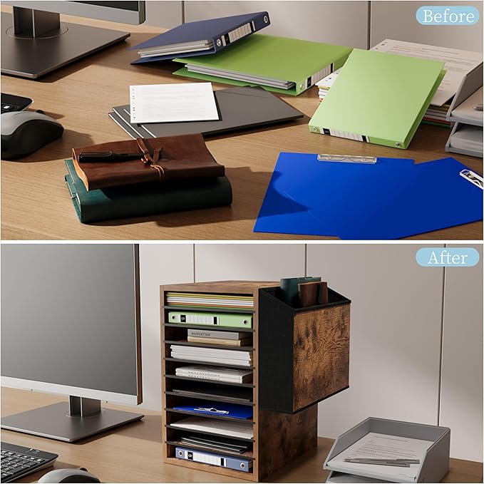 Unionly Office Mail Sorter, Wooden Paper Organizer with Storage Bag, 10 Tier Adjustable Classroom Mailbox, Removable Classroom Organization, Teacher Desk Organization for Office, Study, Brown