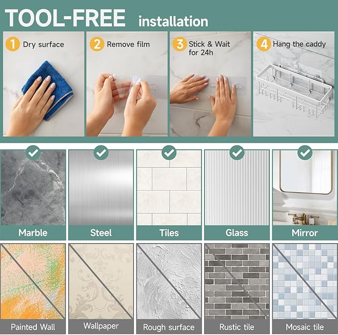 Veken Adhesive Shower Caddy 5-Pack,Heavy Weight Bearing,Large Wall Mounted Shower Shelves Rack,Organizer Storage Accessories with Soap Dish&Toothbrush Holder,Ideal for Bathroom,Home&Kitchen,White