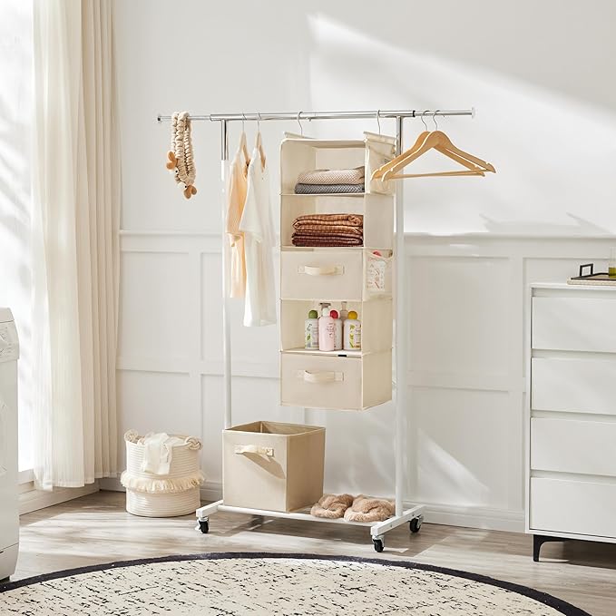 MAX Houser 5 Tier Shelf Hanging Closet Organizer, Cloth Hanging Shelf with 2 Sturdy Hooks for Storage, Foldable (Beige-D2)