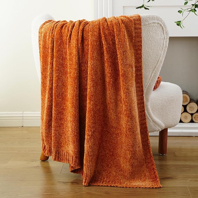 BATTILO HOME Orange Chenille Throw Blanket for Fall Decor, Fall Knit Throw Blankets, Soft Cozy Pumpkin Color Throw Blankets for All Seasons, 51"x67"