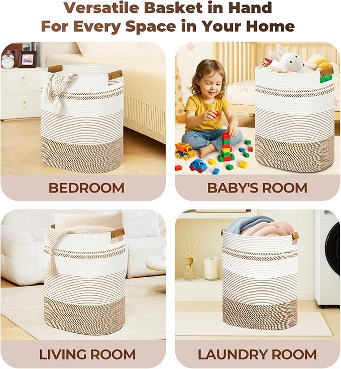 Laundry Basket with Handles - Blanket Basket & Hampers for Bedroom Aesthetic, Laundry Hamper & Blanket Storage for Living Room, Clothes Hamper, Tall, Large 17" x 14" x 22”, Brown & White