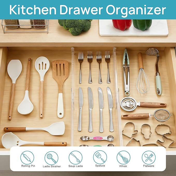 Vtopmart 4 Pack Shallow Drawer Dividers, 2.36" High 12.5"-20.8" Adjustable Expandable Kitchen Drawer Organizer, Clear Plastic Organizer Separators for Flatware, Utensil, Cutlery, Underwear, Clothes