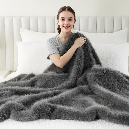 BATTILO HOME Luxury Fluffy Grey Faux Fur Throw Blanket, Cozy Warm Fur Blanket for Couch, Sofa, Chair, Bed, Plush Fuzzy Fur Throws with Long Pile, 60"x80"
