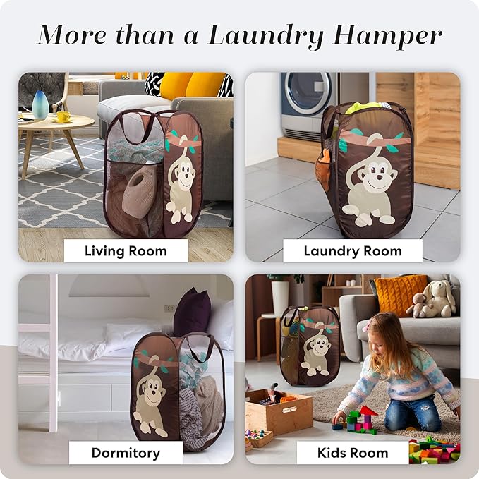 Handy Laundry Collapsible Mesh Pop Up Hamper with Wide Opening and Side Pocket - Breathable, Sturdy, Foldable, and Space-Saving Design for Clothes and Storage (Monkey)