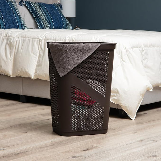 Mind Reader Slim Laundry Hamper with Lid, 60L Clothes Basket, Ventilated Plastic, Brown