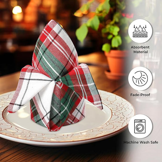 Urban Villa Cloth Napkins Set of 12 20x20 Inches 100% Cotton Napkins Cloth Washable Durable Reusable Absorbent Table Dinner Napkins Cloth for Christmas Hotel Lunch Restaurant Parties - Christ Checks