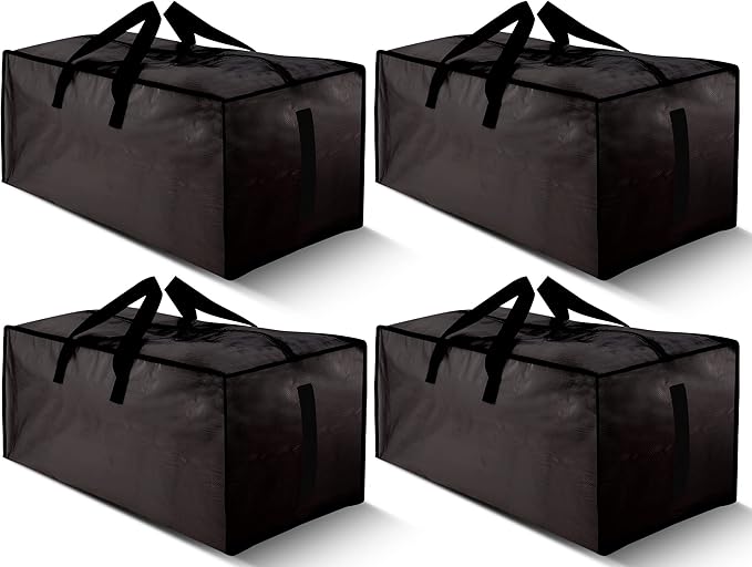 4 Pack Large Strong Moving Bags with Zippers & Carrying Handles - Water-Resistant - Heavy Duty Storage Tote for Space Saving Moving Storage, Fold Flat, Alternative to Moving Box (Black)