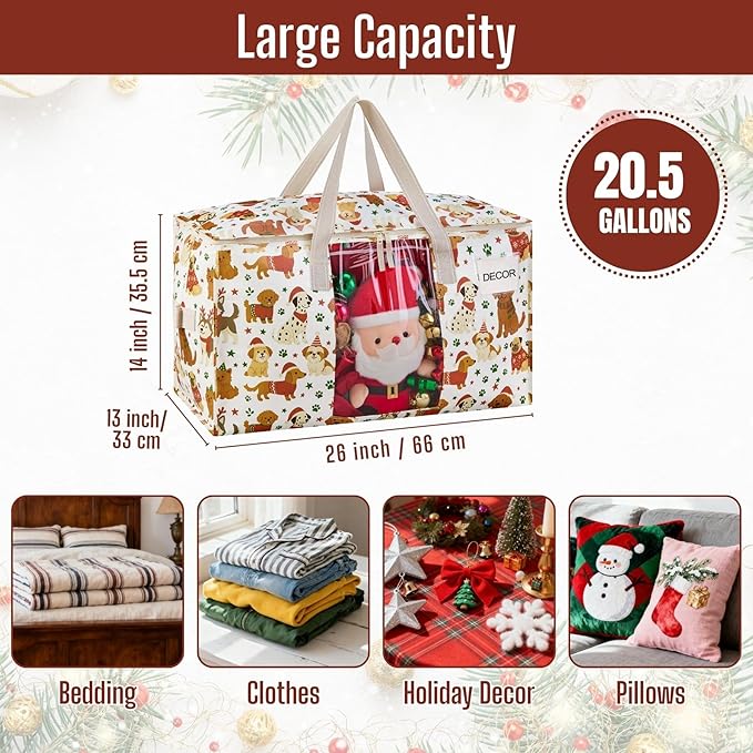 VENO 2 Pack Moving Bags, Large Christmas Storage Bins with lids, Packing Supplies for College, Alternative to Moving Boxes, Foldable, Heavy-Duty Tote, Christmas Pattern (Holiday Pups, 2 Pack)