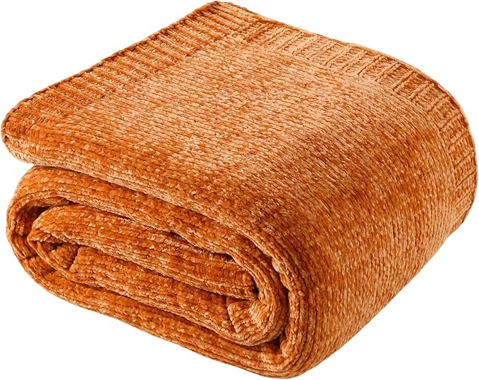 BATTILO HOME Orange Chenille Throw Blanket for Fall Decor, Fall Knit Throw Blankets, Soft Cozy Pumpkin Color Throw Blankets for All Seasons, 51"x67"