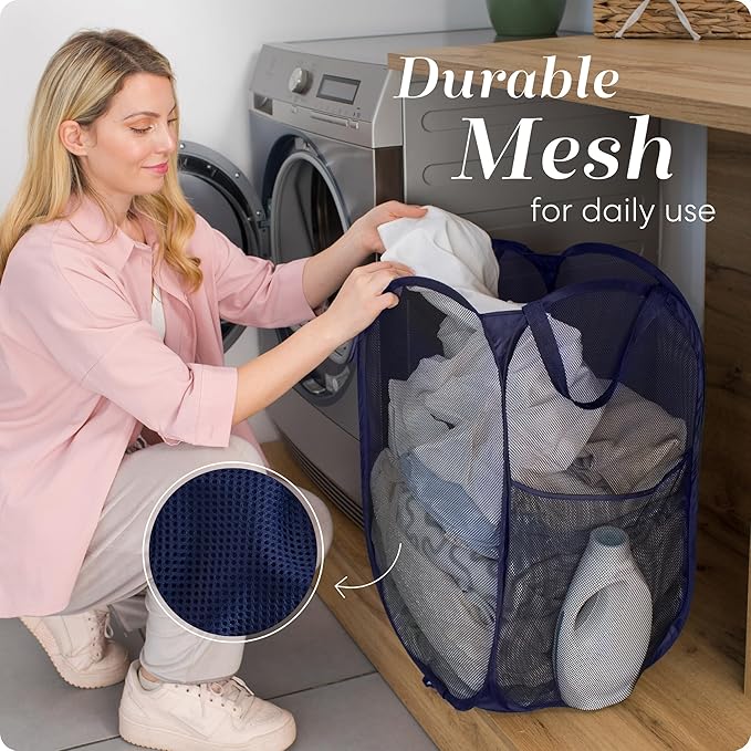 Handy Laundry Collapsible Mesh Pop Up Hamper with Wide Opening and Side Pocket - Breathable, Sturdy, Foldable, and Space-Saving Design for Clothes and Storage (Blue | 2-Pack)