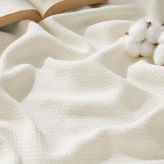 Bedsure GentleSoft 100% Cotton Large Blanket Oversized King for Bed 120x94 inches - Breathable Soft Cozy Herringbone Woven Blanket for Summer, Couch Cover, Ivory