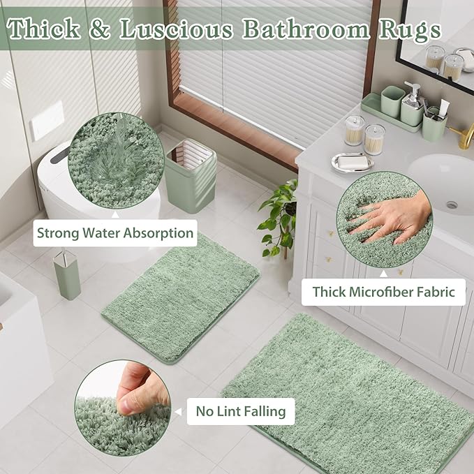 XLHOMO Sage Green Bathroom Set - 24PC Bathroom Sets with Shower Curtain and Rugs, Sage Green Bathroom Accessories Set with Press-on Lid Bathroom Trash Can, Soap Dispenser