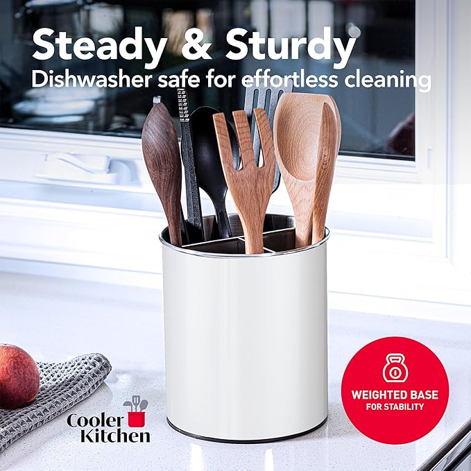 Cooler Kitchen White Rotating Extra Large Stainless Steel Utensil Holder Caddy with Sturdy No-Tip Weighted Base, Removable Divider, and Gripped Insert - Dishwasher Safe Metal Cooking Utensil Holder
