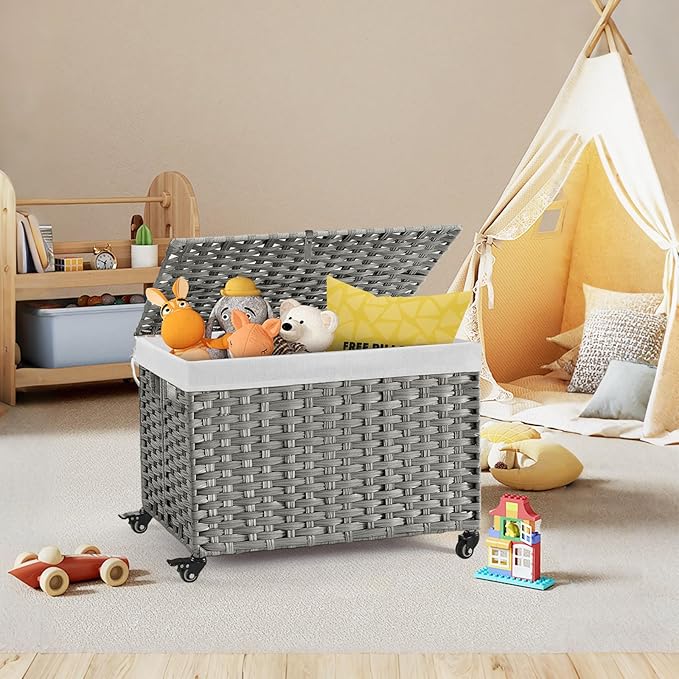 Rolling Storage Basket with Lid, 47.6 Gallon (180L) Storage Bin with Wheels, Woven Rattan Blanket Storage Basket with Handles, Foldable, Metal Frame, Removable Liner for Bedroom, Laundry Room, Grey