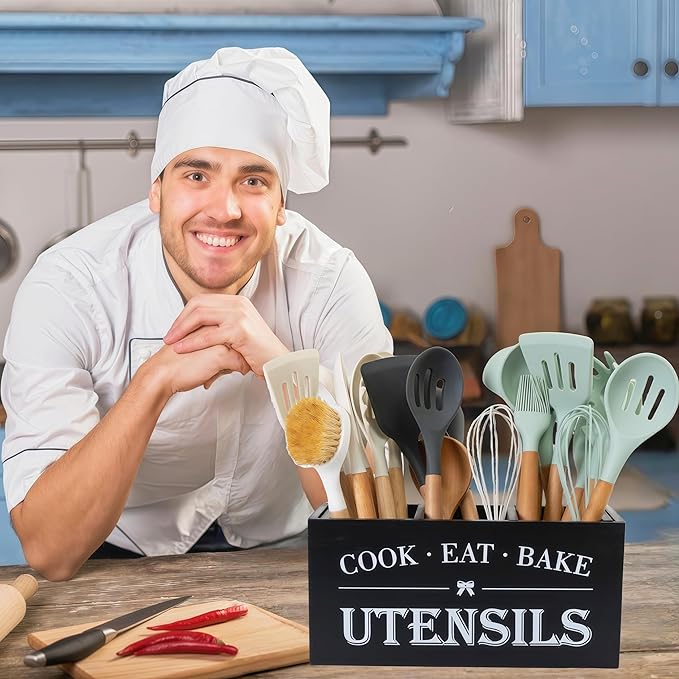 LIBODOUR Utensil Holder,Large Wooden Utensil Holder For Kitchen Counter,Cooking Spatula Organizer,Big Storage Caddy With 3 Compartments Flatware Spoon Tool Cutlery（Black）