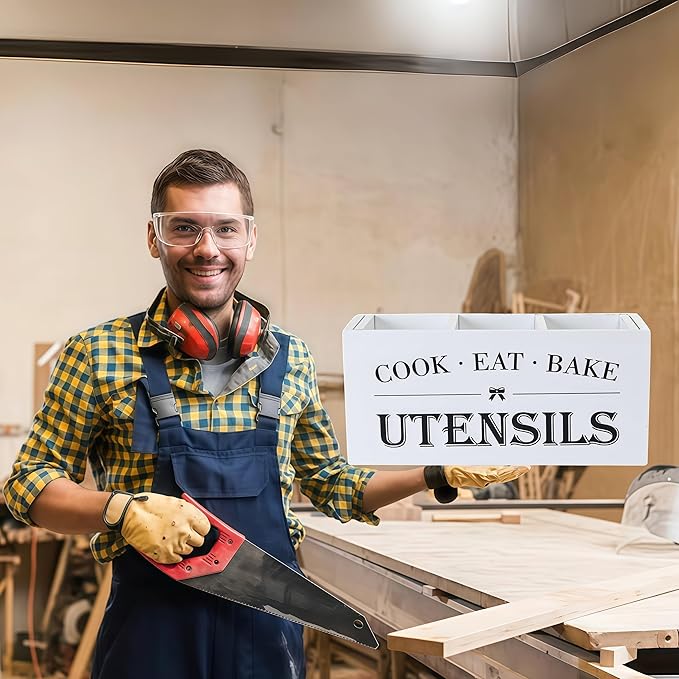 LIBODOUR Utensil Holder,Large Wooden Utensil Holder For Kitchen Counter,Cooking Spatula Organizer,Big Storage Caddy With 3 Compartments Flatware Spoon Tool Cutlery(White)