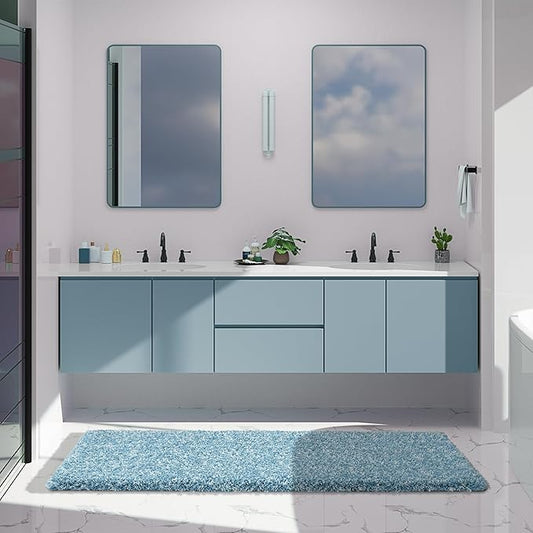 Yimobra Luxury Bathroom Rugs, Fluffy Bath Mats, Non Slip, Water Absorbent Microfiber, Machine Washable, Plush Runner Shower Rugs, Thick Matts for Bathroom Floor&Tub, 70"x 24", Denim Blue and White