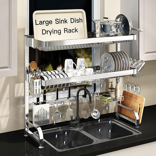 3 Tier Extra Large Stainless Steel Expandable Over The Sink Dish Drainer Drying Rack, Rust Proof Metal, Space Saving, Modern Silver Big Capacity Extendable Plate Strainers Above Kitchen Counter