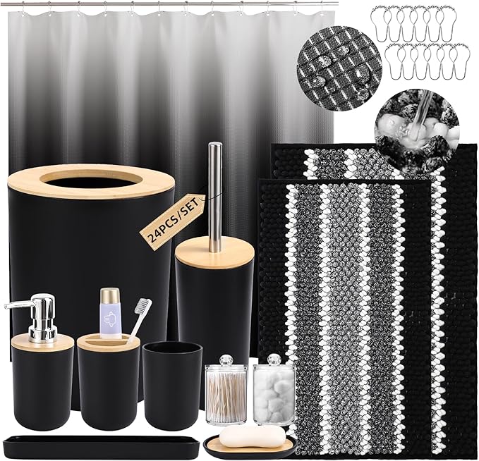 SLDIYWOW Black Bathroom Accessories Set, Bathroom Sets with Shower Curtain and Rugs for Home Decor/Housewarming
