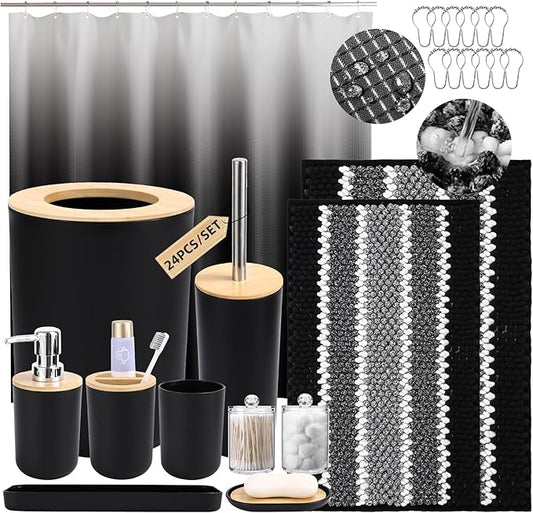 SLDIYWOW Black Bathroom Accessories Set, Bathroom Sets with Shower Curtain and Rugs for Home Decor/Housewarming