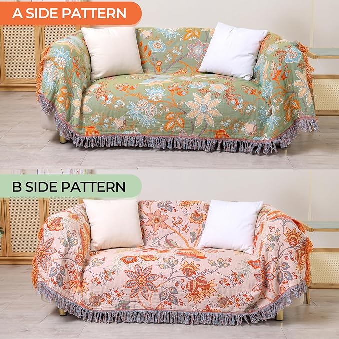 Boho Fall Throw Blanket for Bed，100% Ultra Cotton Soft Breathable Bed Throw Floral Printed Farmhouse Decor Rustic Bed Throws for Couch Sofa Quilt 90" x 98"-Orange& Sage Green