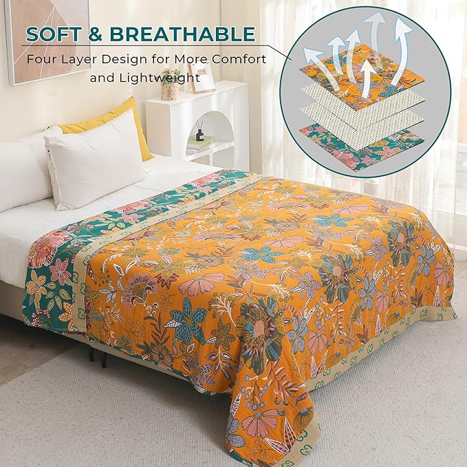 Boho Throw Blankets Reversible Luxurious Cotton Bed Throws with Vintage Bohemian Design & Yellow/Green Lightwight Floral Decor Blanket, Perfect as Bed Sofa Quilt 80" x 90"
