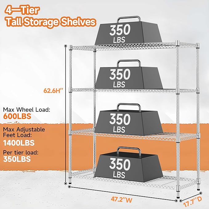 M MZG 4 Tiers Storage Shelves Load 1400LBS, Metal Shelving Wire Metal Shelving Unit Shelves for Storage Adjustable Garage Shelving for Pantry Kitchen Garage Chrome 17.7" D x 47.3" W x 62.7" H