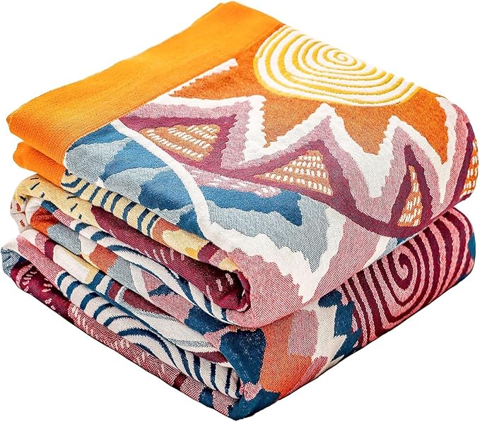 King Throw Blanket for Bed 100% Cotton Boho Oversized Soft Cozy Muslin Quilt Blanket Double Embroider Sun, Vintage Farmhouse Cottage Woven All Season Blankets for Bedding Couch,90"×98"