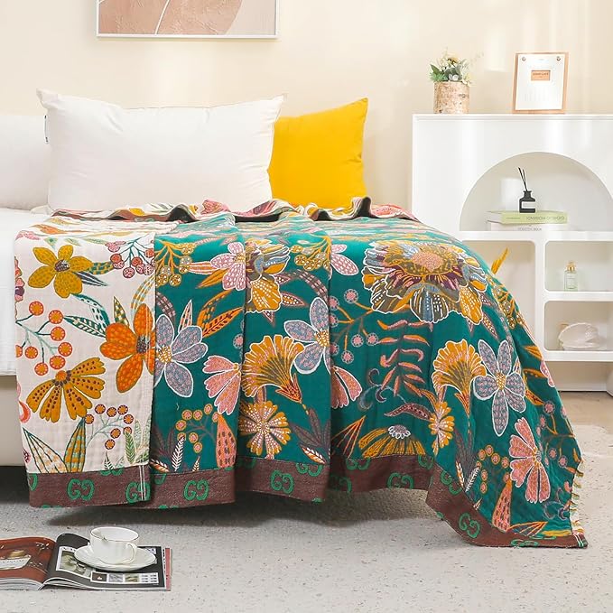 STASOPTK Boho Rustic Throw Blanket,100% Cotton Soft Vintage Bed Throw Blankets Floral Farmhouse Decor Throws,Reversible Throw for Sofa Couch, 60"×80" for All Seasons -White