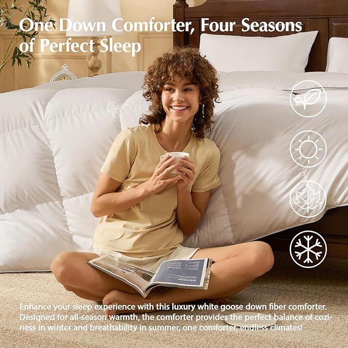 Pacific Coast Goose Feather Down Fiber Comforters Full Size, Extra Fluffy White Duvet Insert, Ultra-Soft, Breathable, All Season Hotel Luxury Bedding Comforters, 8 Corner & Center Loops (82"x86")