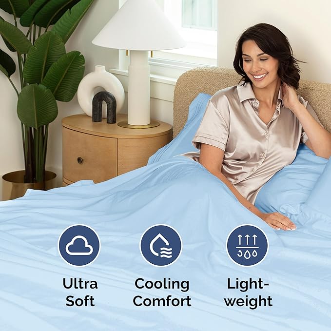 Twin Size Flat Sheet - Hotel Quality Top Flat Bed Sheet Only - Ultra-Soft, Breathable & Cooling - Fade & Wrinkle Free - Easy-Care, Stain & Shrink Resistant Bedding - Easy-Fit & Oeko-Tex - Light Blue