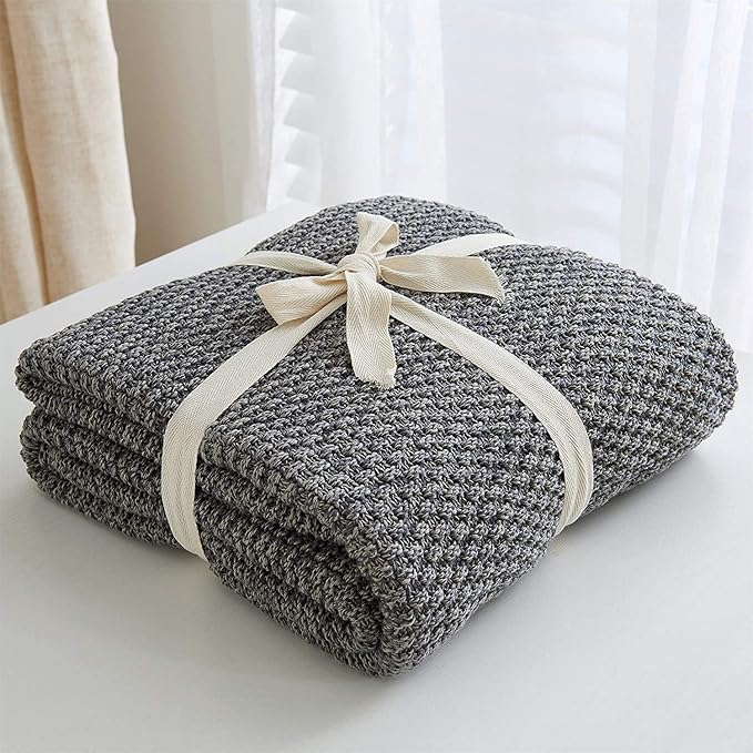 Longhui bedding Grey Knitted Throw Blanket for Couch, Soft, Cozy Machine Washable 100% Cotton Sofa Cable Knit Blankets, 4.0lb Weight, 60 x 80 Inches Oversized, Grey White Color