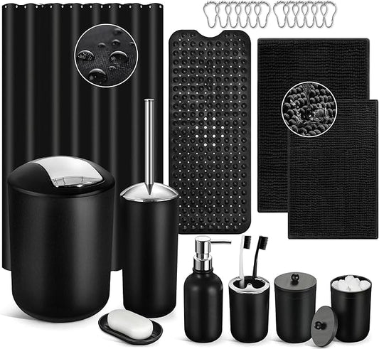 ALPIRIRAL Black Bathroom Accessories Set, 23Pcs Bath Accessory Sets Complete with Bathtub Mat, Shower Curtain Set with Hooks, Soap Dispenser, Toothbrush Holder, Qtip Holder, Trash Can, Toilet Brush