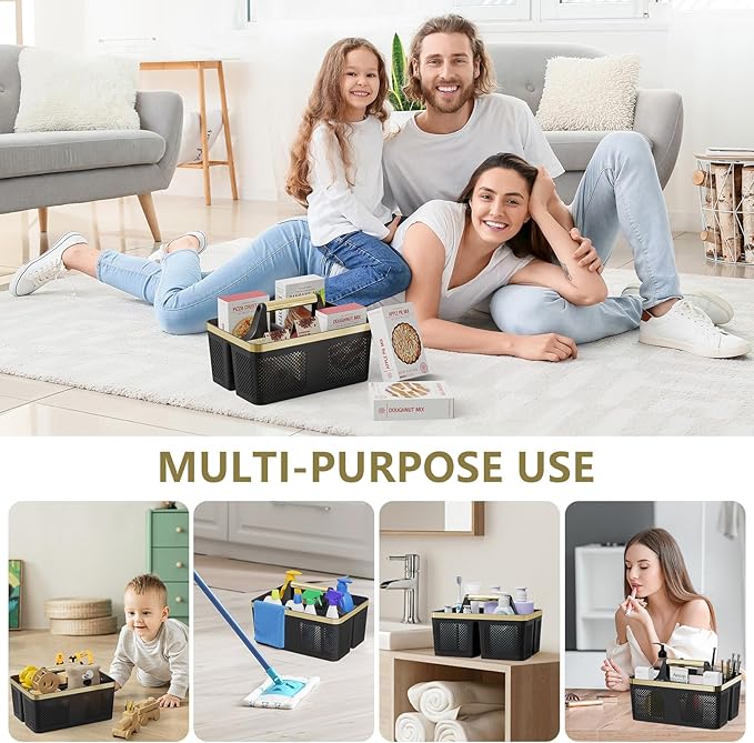 BYUNER Shower Caddy Dorm Men: Plastic Bathroom Caddy Organizer with Handle and Holes, Bath Caddy for College Dorm, Portable Shower Basket Tote for Toiletry, Travel, GYM, Camp Essentials Black/Gold