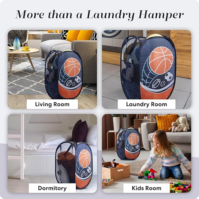 Handy Laundry Collapsible Mesh Pop Up Hamper with Wide Opening and Side Pocket - Breathable, Sturdy, Foldable, and Space-Saving Design for Clothes and Storage (Sports)