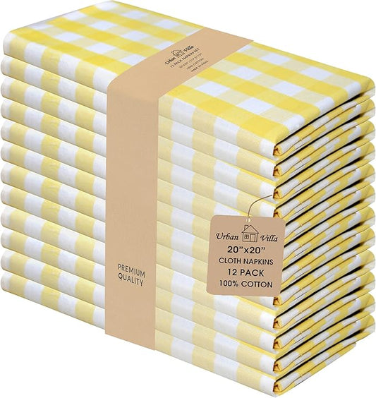 Urban Villa Cloth Napkins Set of 12 20x20 Inches 100% Cotton Napkins Cloth Washable Soft Durable Reusable Absorbent Table Dinner Napkins Cloth for Hotel Lunch Restaurant Weddings Parties-Yellow White