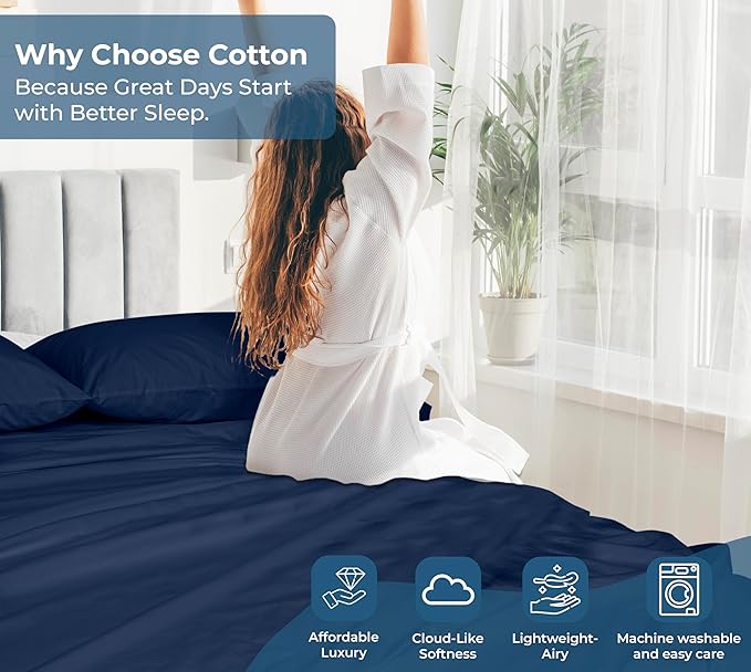 Royale Linens 100% Organic Cotton Queen Flat Sheet Only - Super Soft - Percale Top Sheets - Queen Flat Sheet Sold Separately - Breathable, Cool & Crisp Navy Sheets Only (90" x 102", Navy)
