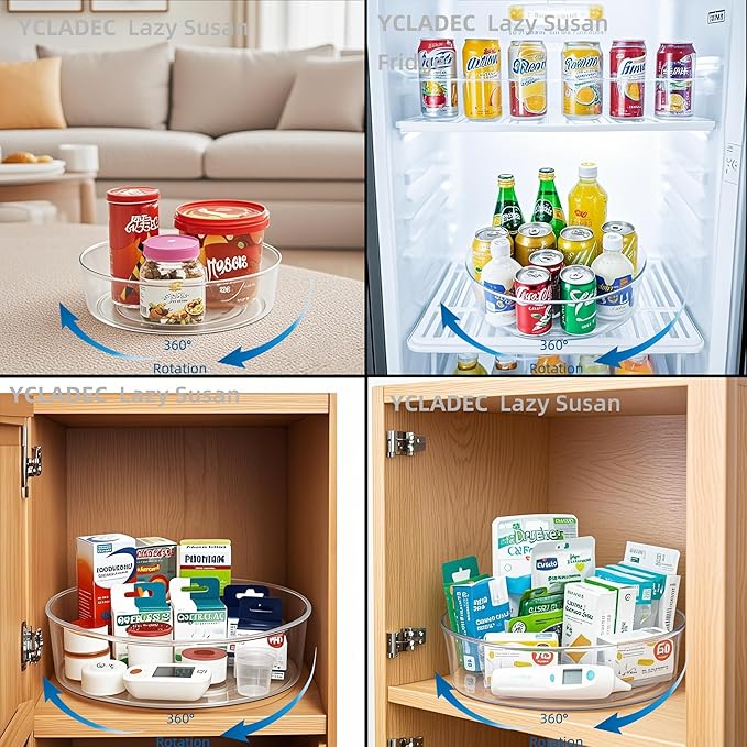YCLADEC 6 Pack Lazy Susan 11.5" Inch Turntable Organizer Organization Storage Container Bins Spice Rack Cabinet Rotating Condiment for Pantry Countertop Kitchen Vanity Bathroom Jewelry Holder Clear